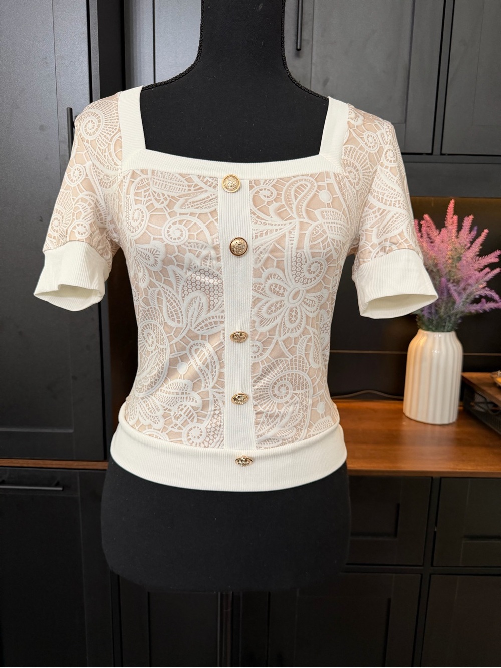 Square-Neck Knit Top - Cream